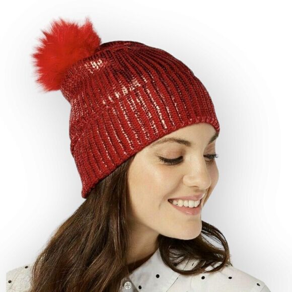 INC International Concepts Liquid Shine Pom Pom Red Knit Beanie - Picture 1 of 4